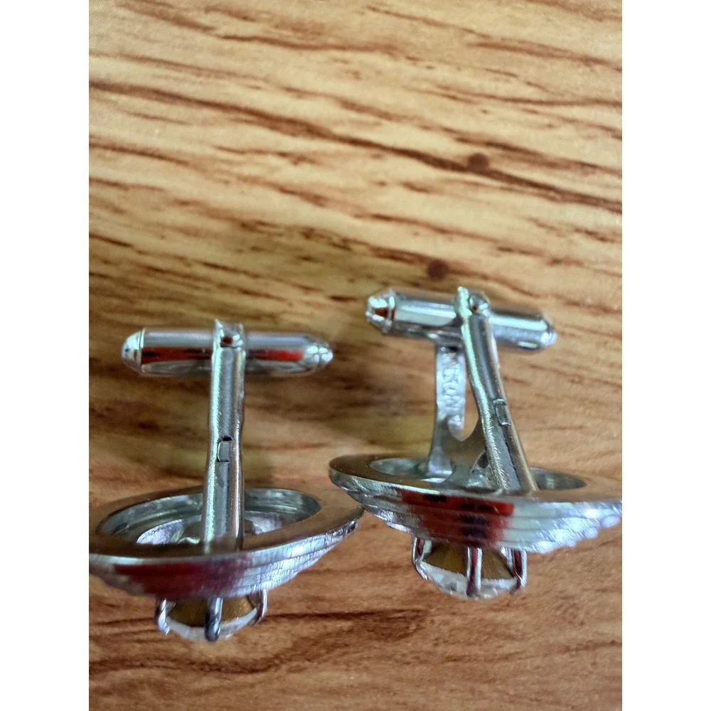 Swank Vintage Silver Tone Concentric Circle Crystal Cufflinks OS - Unsigned